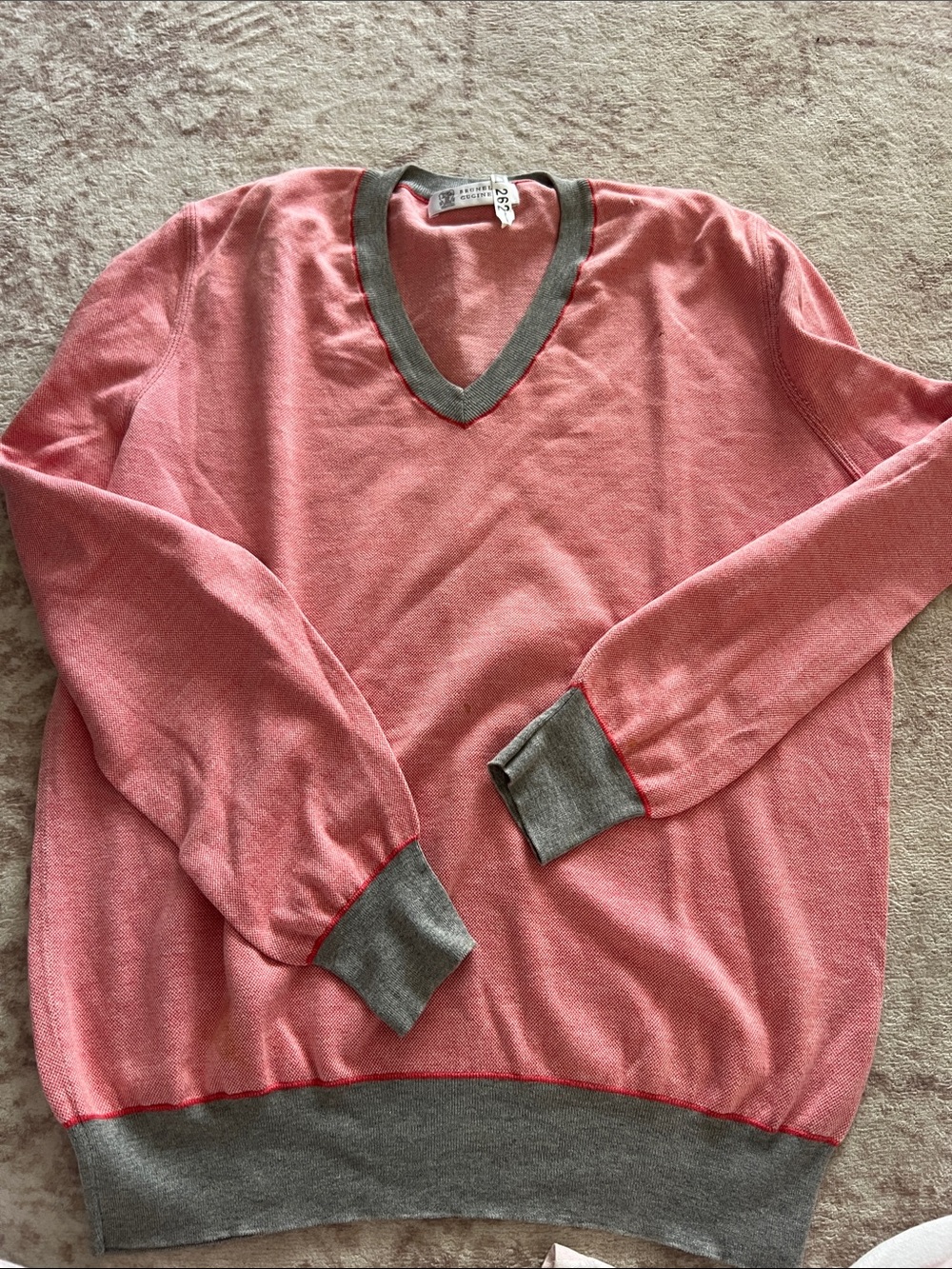 Brunello Cucinelli Coral Pink V-Neck Sweater with Gray Trim